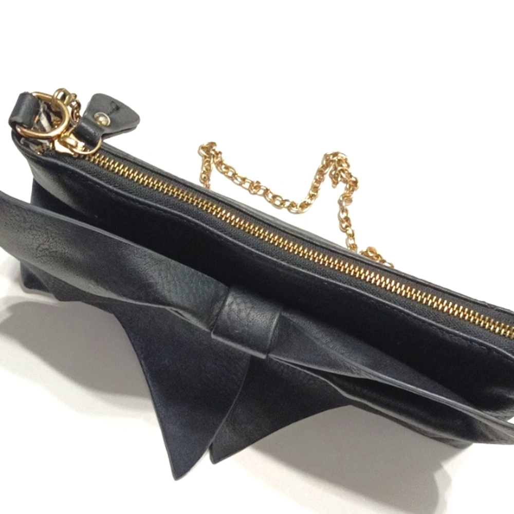 Large Bow Black Faux Leather Gold Chain Shoulder Bag Handbag Clutch - Picture 4 of 8